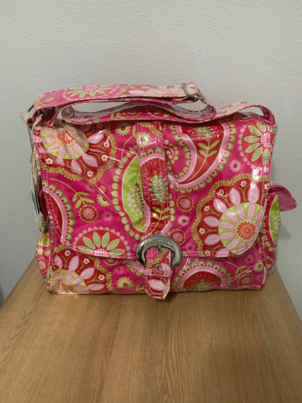 Pink Floral Baby Bag with Green Accents - Stylish Organizer